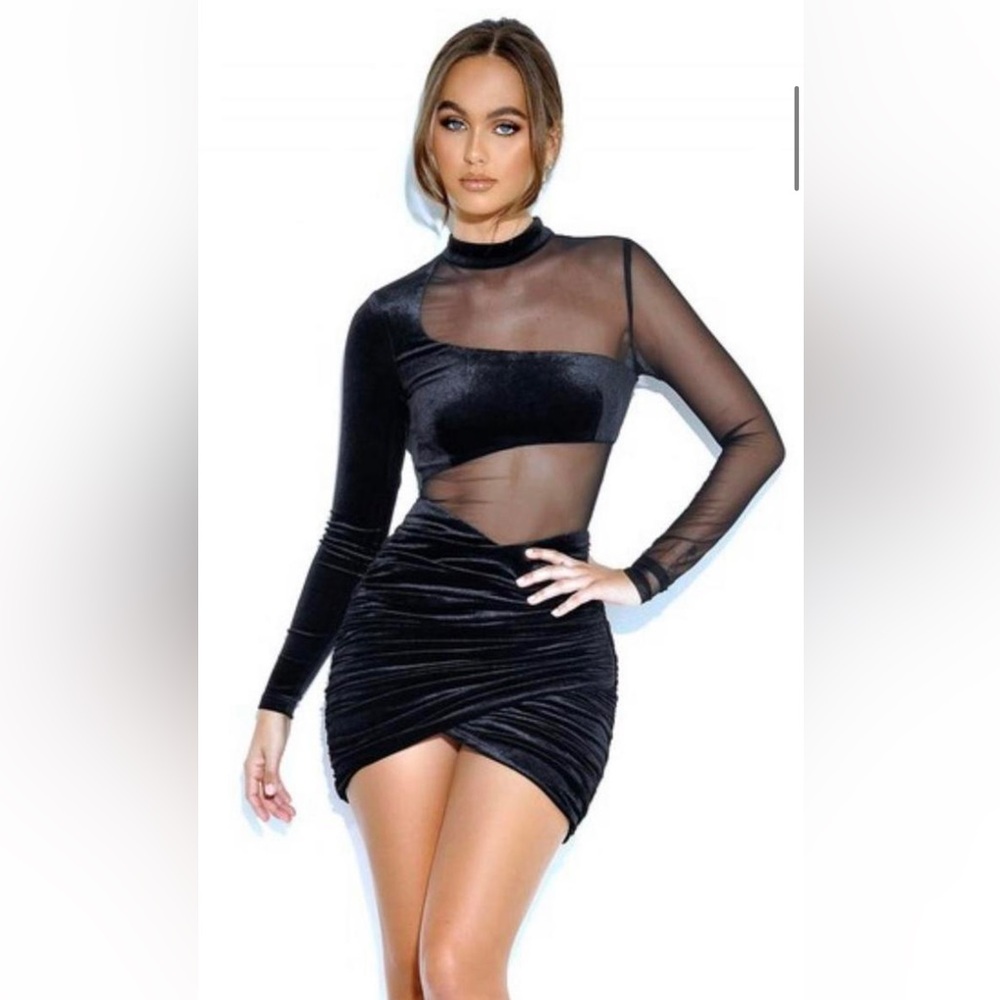 AZALEA BLACK VELVET MESH LONG SLEEVE DRESS SIZE SMALL